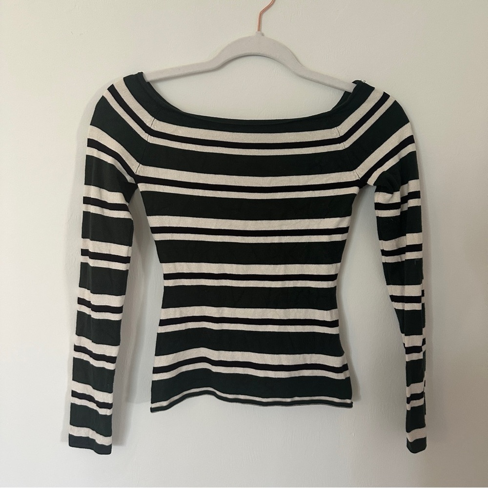 H&M - Off Shoulder Green Striped Black and White Long Sleeve Top